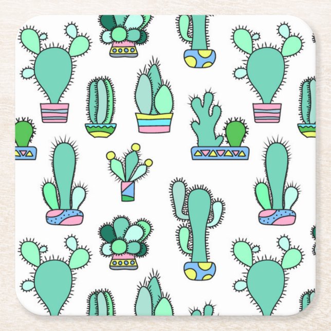 Mint Green Cactus & Succulent Plant Pattern Square Paper Coaster (Front)