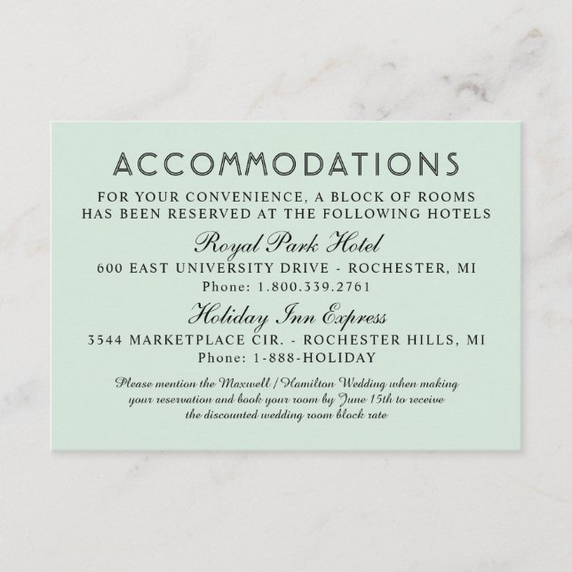 Mint Green Calligraphy Wedding Accommodations Enclosure Card (Front)