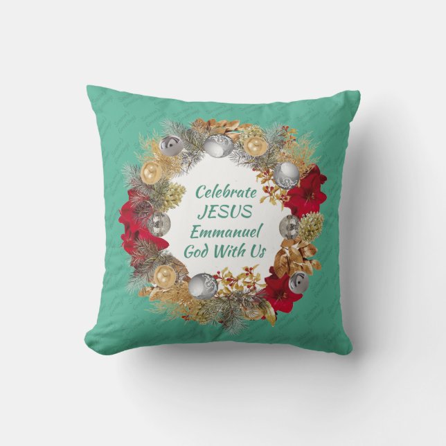 Mint Green CELEBRATE JESUS Christmas Wreath Cushion (Front)