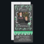 Mint Green Chalkboard Merry Christmas Photo Card<br><div class="desc">Merry Christmas holiday photo cards with a chalkboard look background, lots of mint green swirls and text that reads Merry Christmas, a string of colourful tree lights in mint and green, mint and green hanging ornaments, and areas you can customise these beautiful and bright holiday photo cards with your photo...</div>