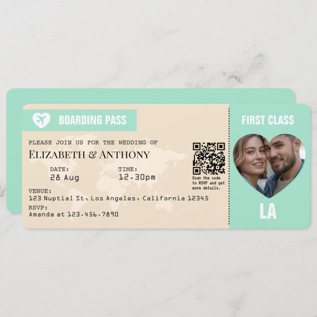 Mint Green & Champagne Boarding Pass Wedding Invitation (Front/Back)