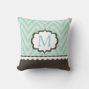 Mint Green Chevron Brown Pattern Custom Monogram Cushion