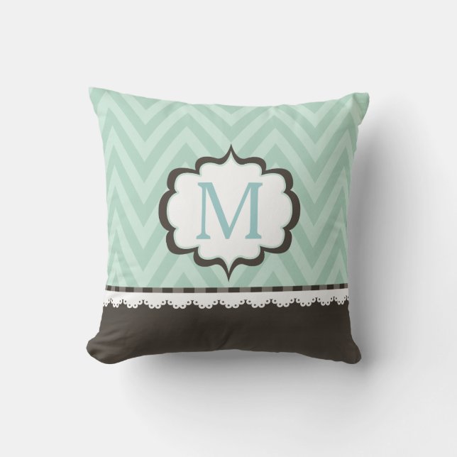 Mint Green Chevron Brown Pattern Custom Monogram Cushion (Front)