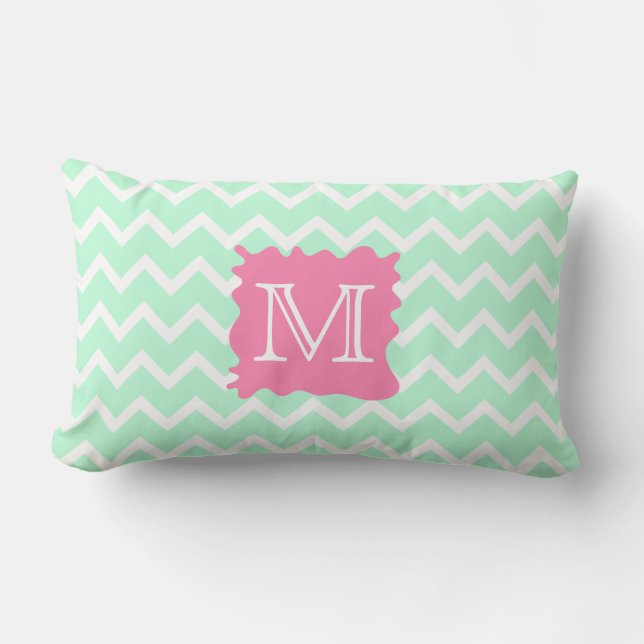 Mint Green Chevron Monogram Design with Pink Splat Lumbar Cushion (Front)