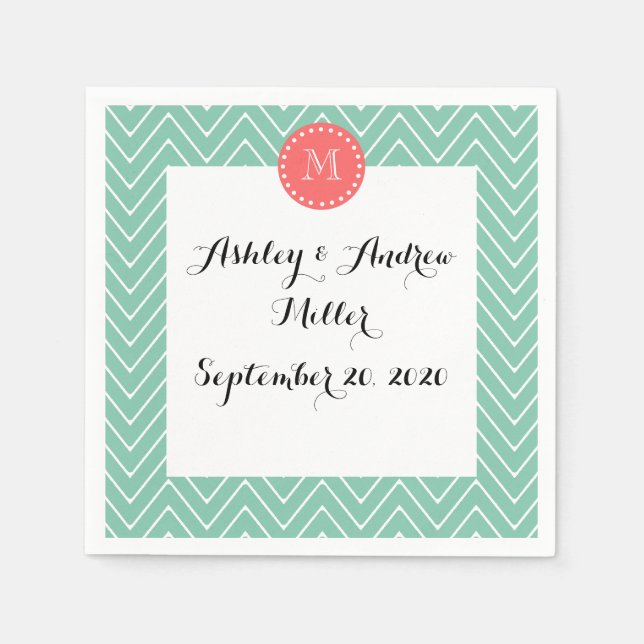 Mint Green Chevron Pattern | Coral Monogram Napkin (Front)
