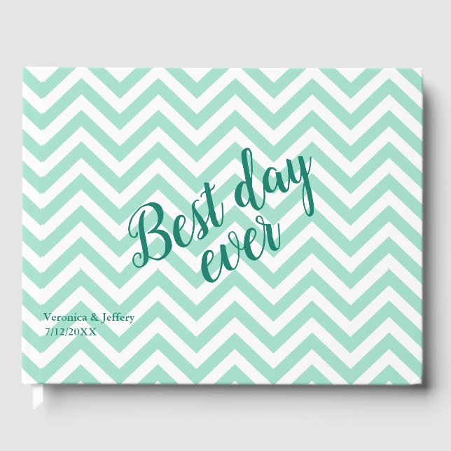 Mint Green Chevron Pattern Wedding Guest Book (Front)
