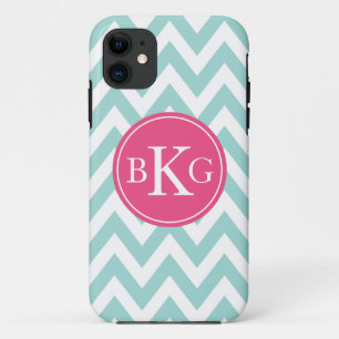 Mint Green Chevron & Pink Custom Monogram iPhone 11 Case