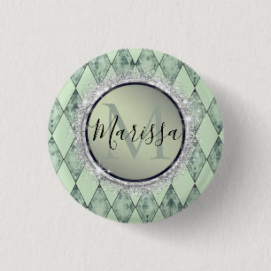Mint Green Chic Harlequin Monogram 3 Cm Round Badge