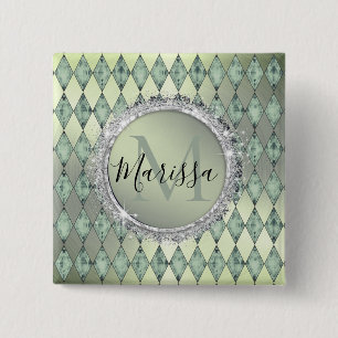 Mint Green Chic Harlequin Monogram   Button