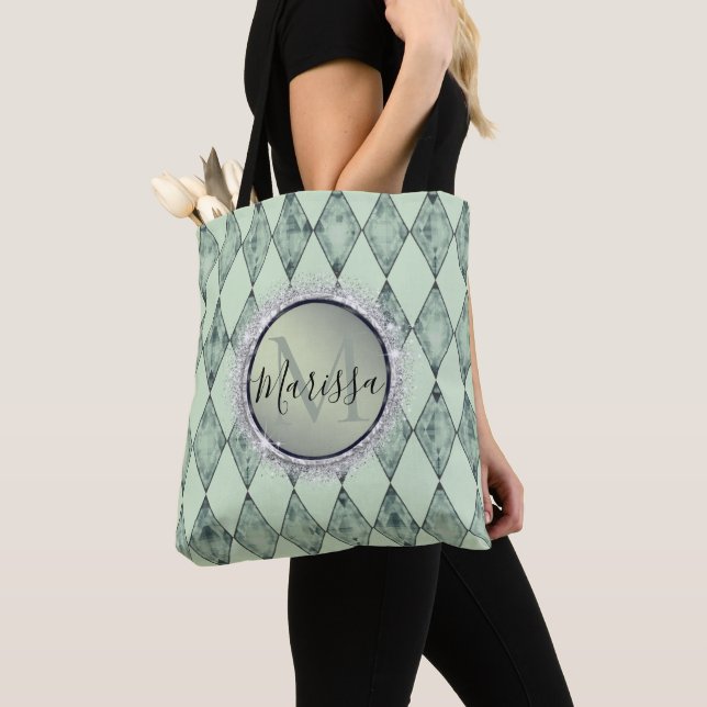 Mint Green Chic Harlequin Monogram Glitter   Tote Bag (Close Up)