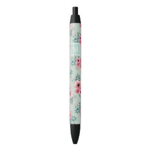 Mint Green Chic Watercolour Floral Monogram Black Ink Pen