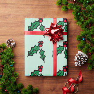Mint Green Christmas Holly Wrapping Paper