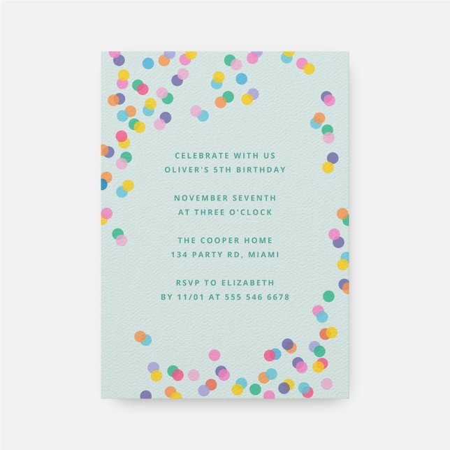 Mint Green Colourful Confetti Kids Birthday Party Invitation (Creator Uploaded)