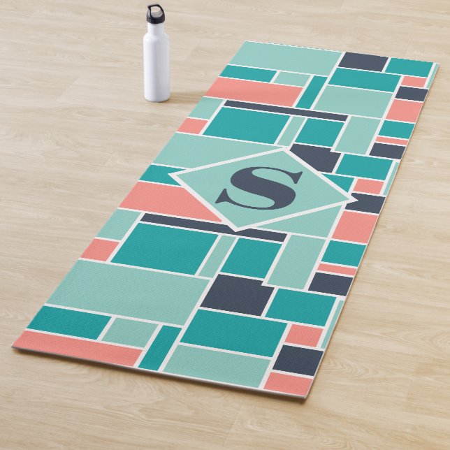 Mint Green Coral Monogram Geometric Art Yoga Mat (In Situ)
