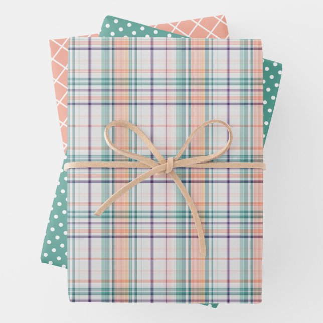 Mint Green Coral Orange Violet Stripes Polkadots Wrapping Paper Sheet (In situ)