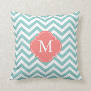 Mint Green Coral Zigzag Pattern Monogram Cushion