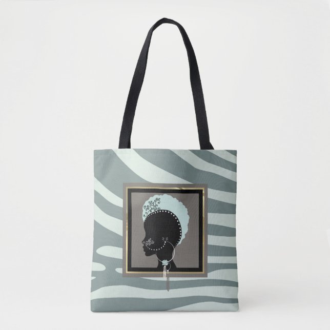 Mint green, cream, and black zebra print tote bag (Front)