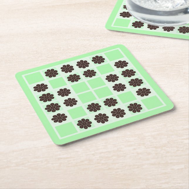 Mint Green Cream And Chocolate Chip Quilt Pattern Square Paper Coaster (Angled)