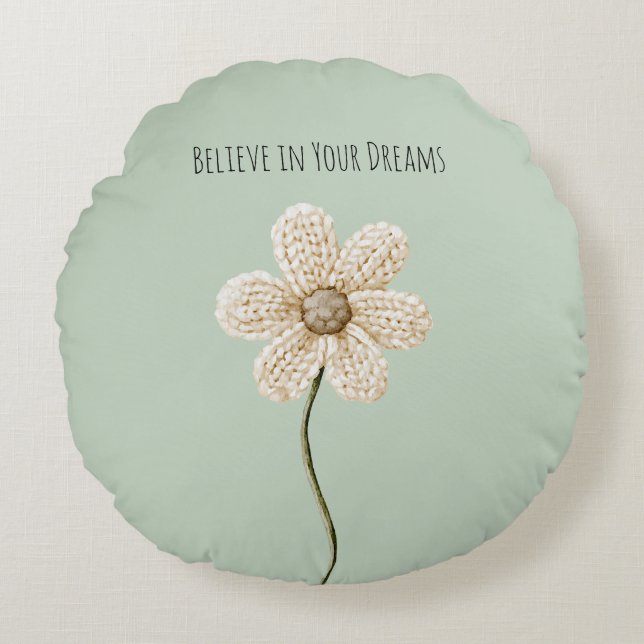 Mint Green Cream Faux Knit Flower Round Cushion (Front)