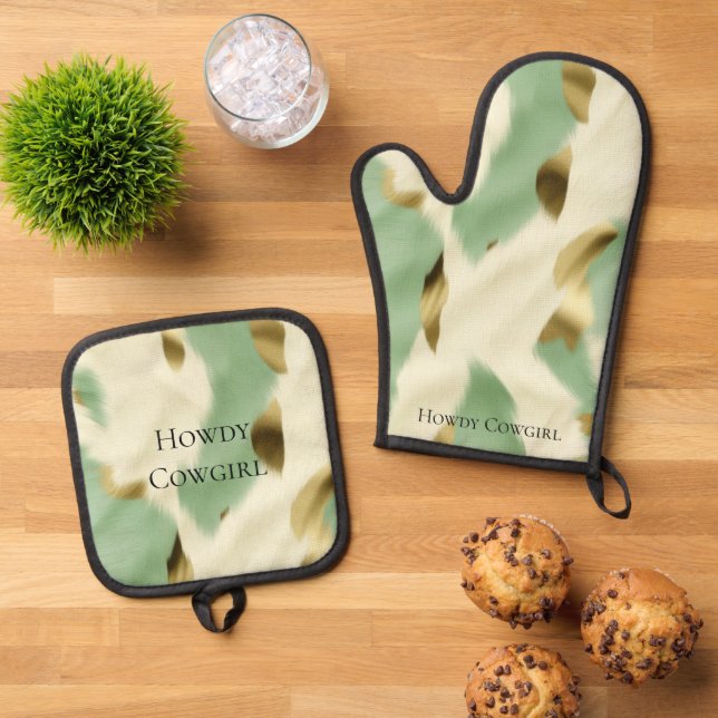 Mint Green Cream Gold Cowhide Oven Mitt & Pot Holder Set (Top Down)