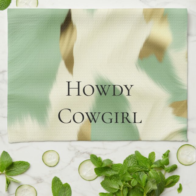 Mint Green Cream Gold Cowhide Tea Towel (Folded)