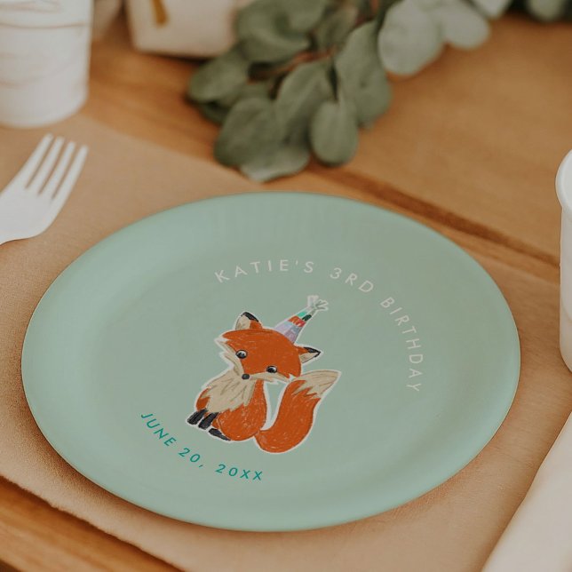 Mint Green Cute Fox Party Hat Woodland Birthday Paper Plate (Fox in a Party Hat birthday party personalized paper plates)