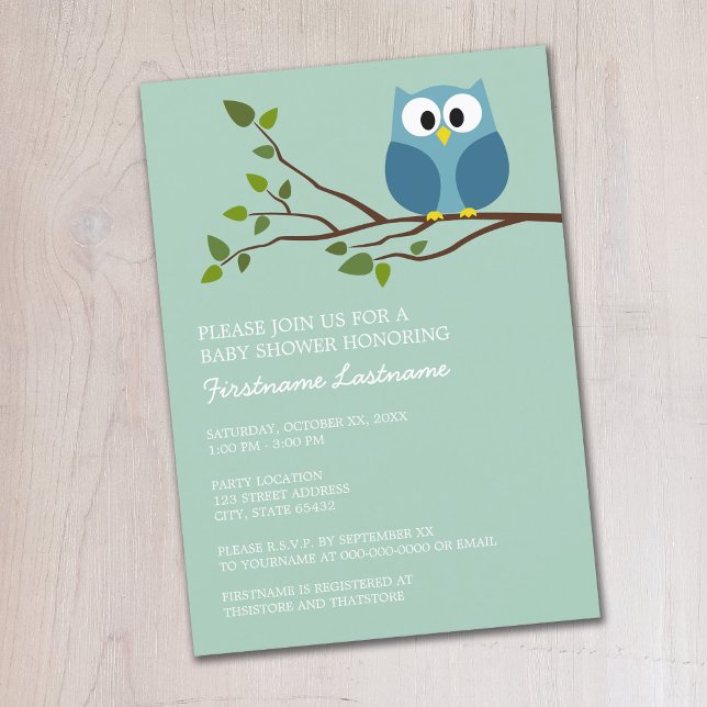 Mint Green Cute Owl on Branch Baby Boy Shower Invitation (Cute Woodland Owl Baby Shower Invitation - Mint Green and Blue Owl)