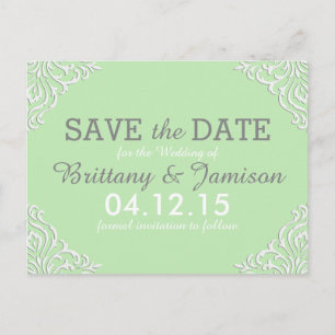 Mint Green Damask Elegant Save the Date Postcard