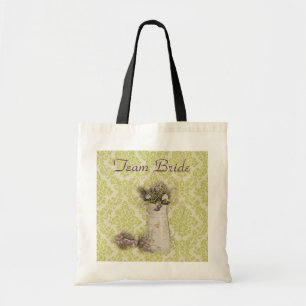 mint green damask floral lavender country wedding tote bag
