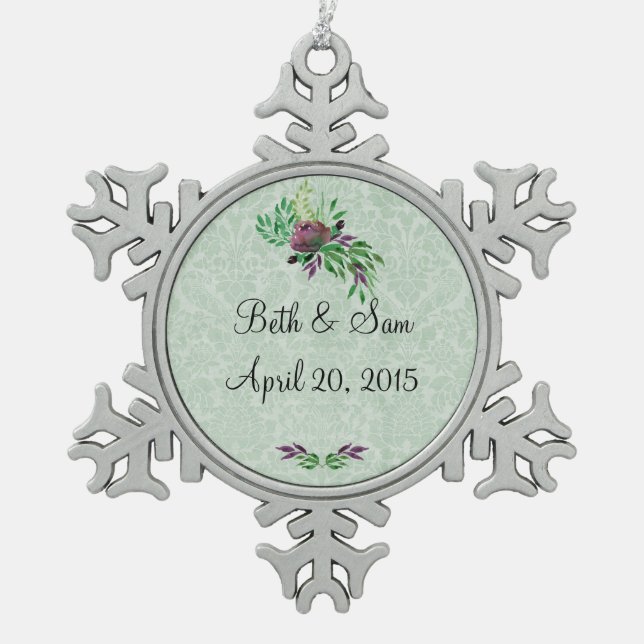 Mint Green Damask Memory Pewter Snowflake Ornament (Front)