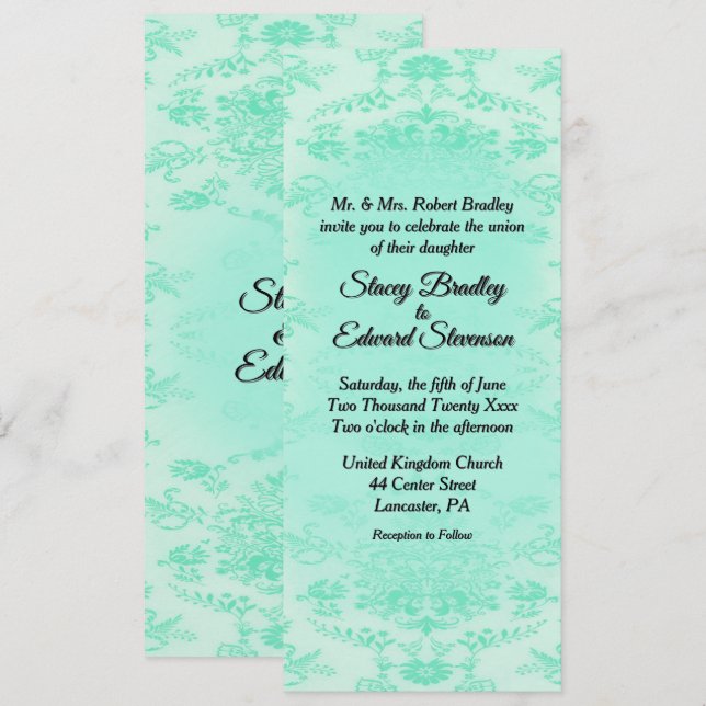 Mint Green Damask Wedding Invitation (Front/Back)