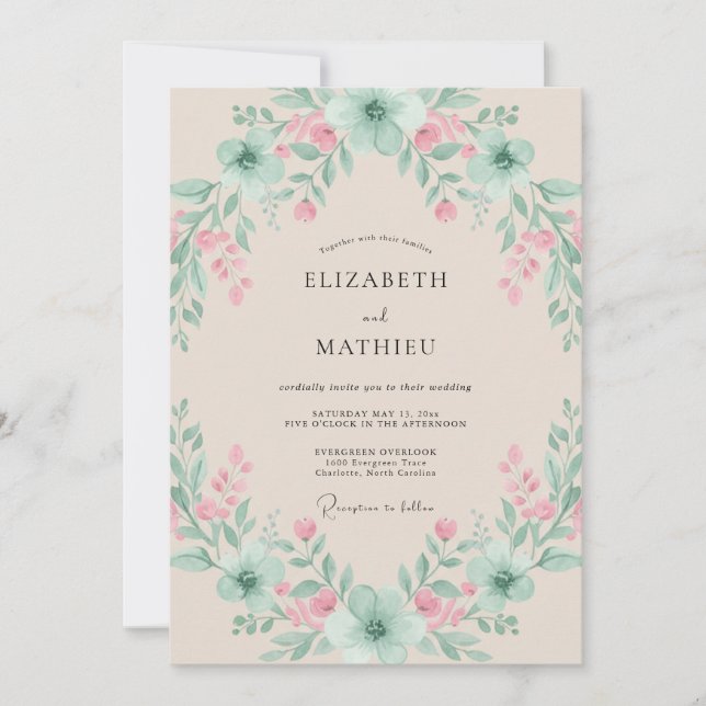 Mint Green Delicate Floral Wedding Invitation (Front)