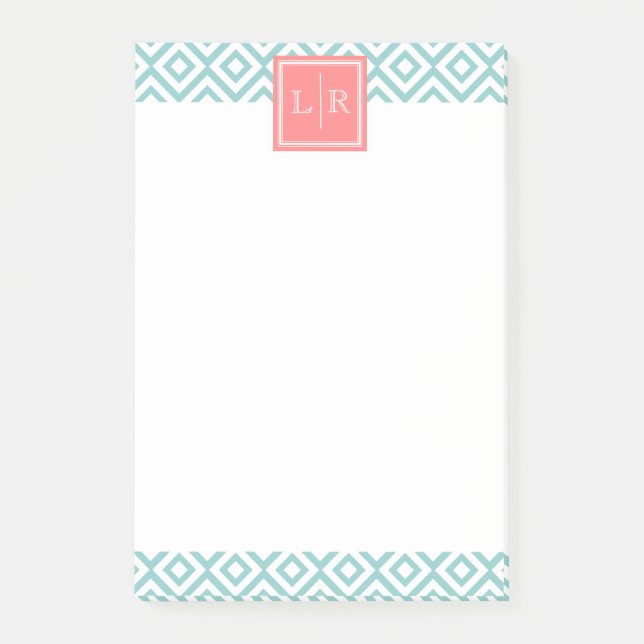 Mint Green Diamonds Pattern and Monogram Post-it Notes (Front)