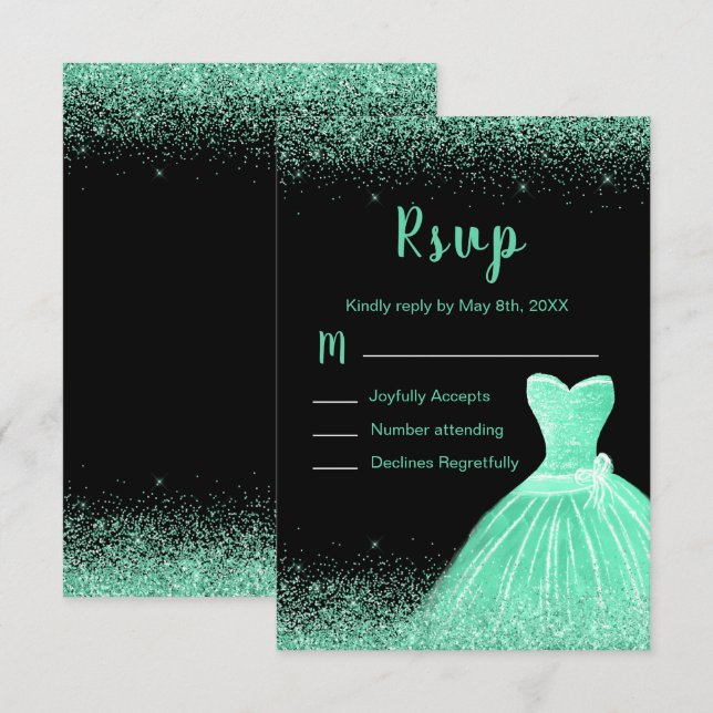 Mint Green Dress Faux Glitter Quinceanera RSVP Card (Front/Back)