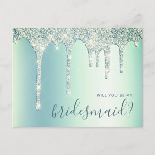 Mint green drips will you be my bridesmaid invitation postcard