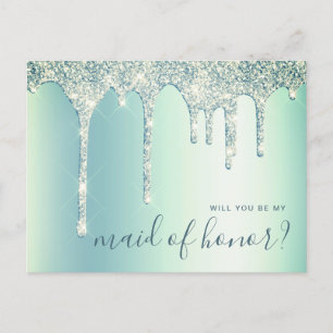 Mint green drips will you be my maid of honour invitation postcard