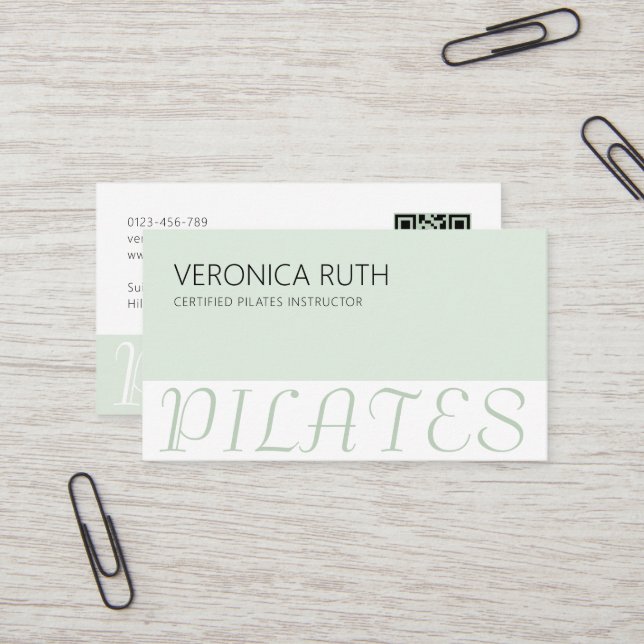 Mint Green Elegant Minimalist Pilates QR Code Business Card (Front/Back In Situ)