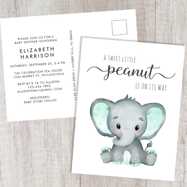 Mint Green Elephant Baby Shower Invitation Postcard (Creator Uploaded)