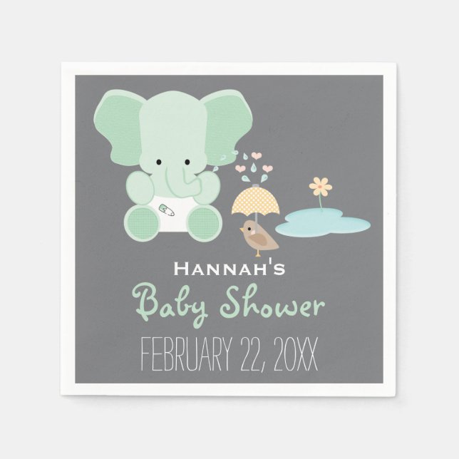 Mint Green Elephant in Diapers Bird Baby Shower Napkin (Front)