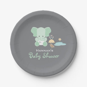 Mint Green Elephant Little Bird Baby Shower Paper Plate