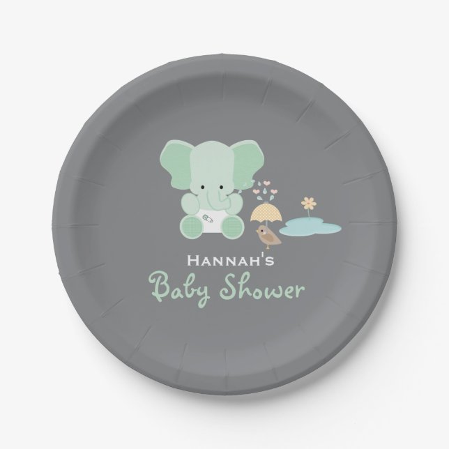 Mint Green Elephant Little Bird Baby Shower Paper Plate (Front)