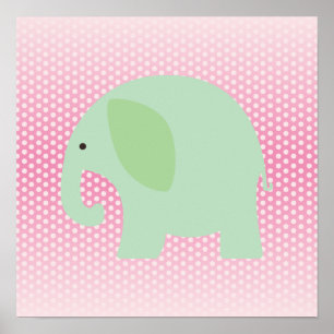 Mint Green Elephant on Pink Poster