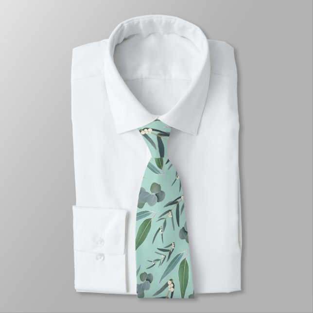 Mint Green Eucalyptus Greenery Pattern Tie (Tied)