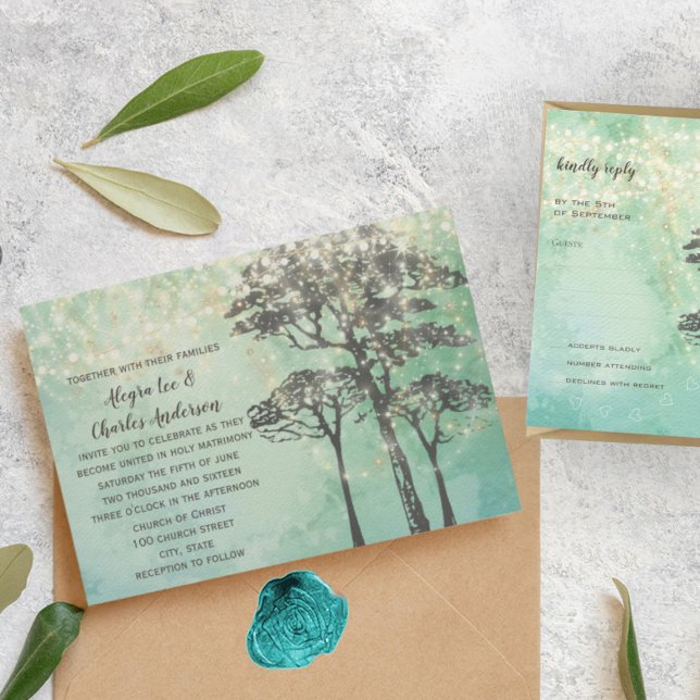 Mint Green Fairy Lights Woodsy Wedding Invitation (Creator Uploaded)
