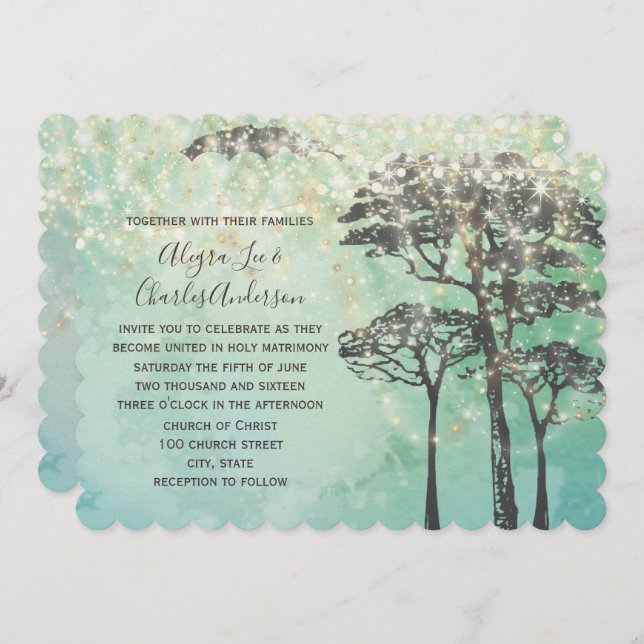 Mint Green Fairy Lights Woodsy Wedding Invitation (Front/Back)