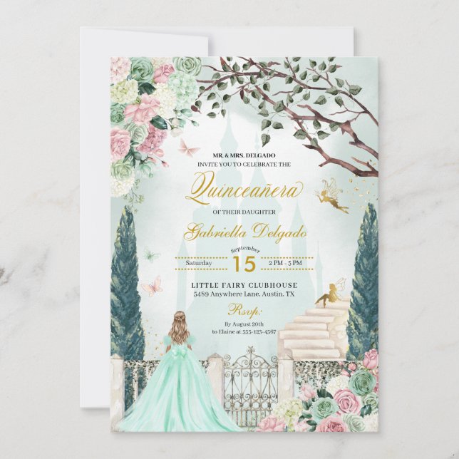 Mint Green Fairytale Enchanted Garden Quinceanera Invitation (Front)