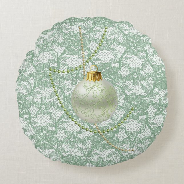 Mint Green Faux Floral Lace Garland & Ornament Round Cushion (Front)