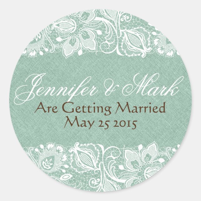 Mint-Green Faux Linen Burlap & White Floral Lace Classic Round Sticker (Front)