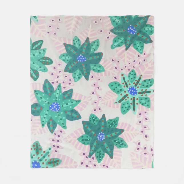 Mint Green Festive Floral Print Fleece Blanket (Front)