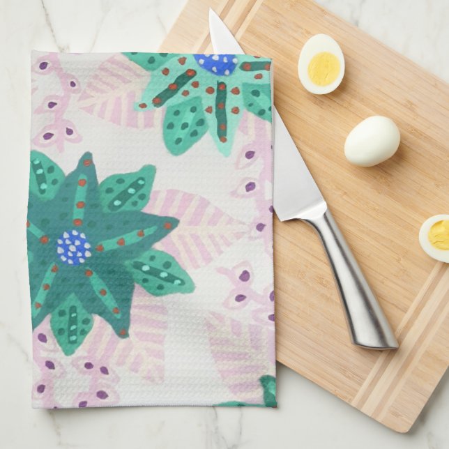 Mint Green Festive Floral Print Tea Towel (Quarter Fold)